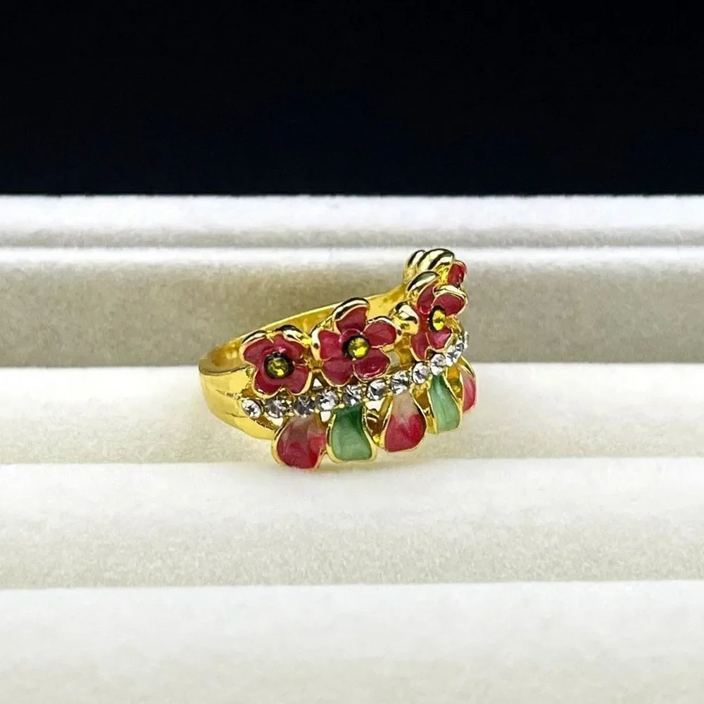 Yellow Gold with Citrine and Diamond Crystal Enamel Leaf and Flower Ring Size 6